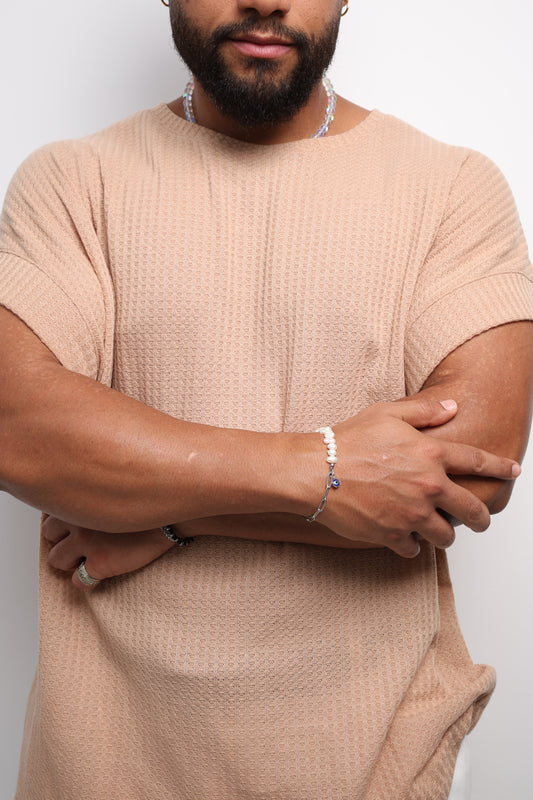 Cultured Pearl Bracelet with Stainless Steel Chain and Blue Eye Accent