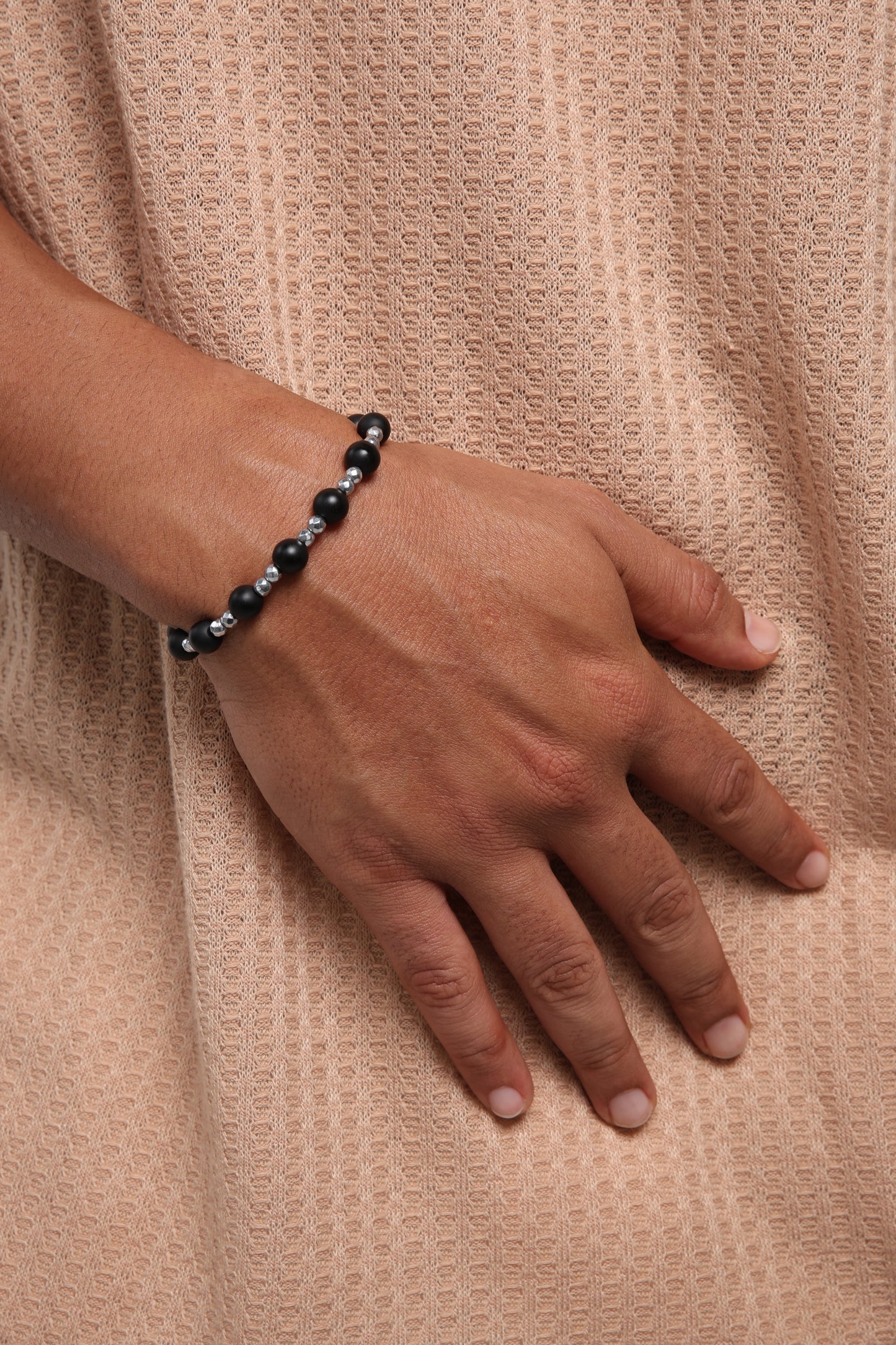 Matte Black Glass Beads Bracelet with Elegant Silver Spacers