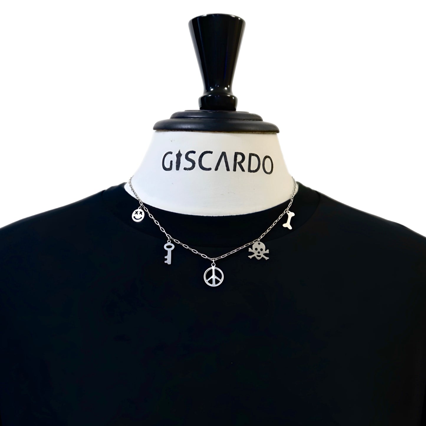 stainless steel necklace featuring five charming