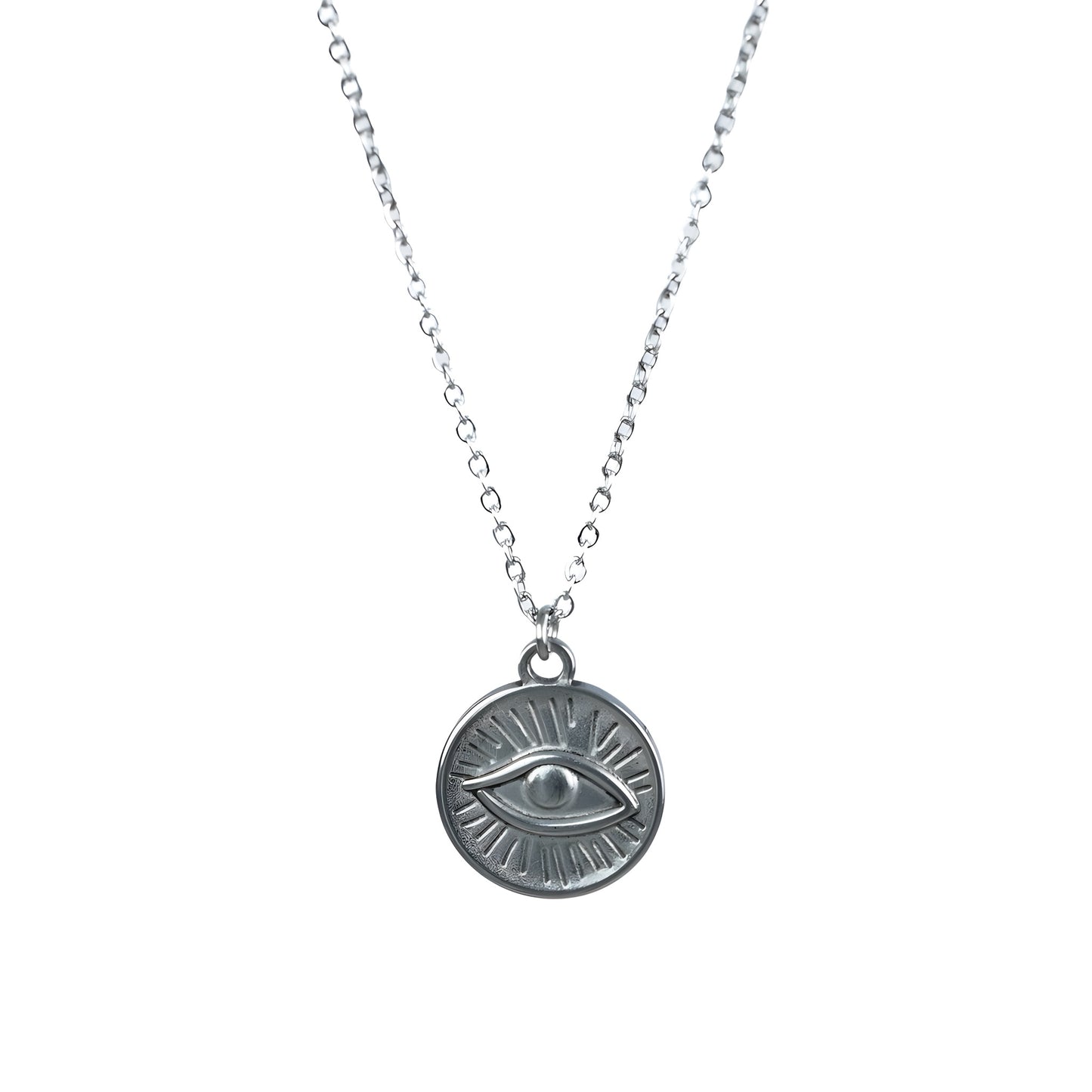 Silver-toned stainless steel necklace featuring an eye-shaped pendant
