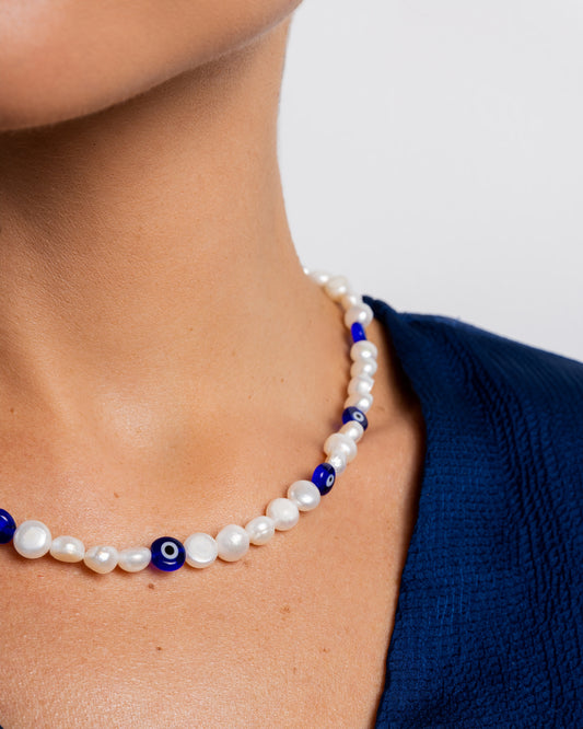 🧿 Cultured Pearl Necklace with Blue Evil Eye Charm