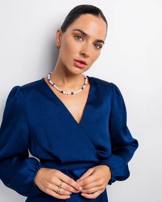 🧿 Cultured Pearl Necklace with Blue Evil Eye Charm
