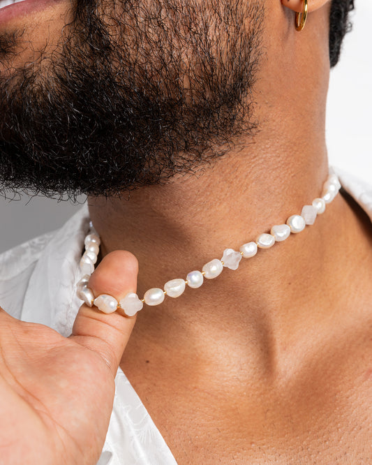Cultured Pearl Necklace with Carved Natural Stone Roses T2