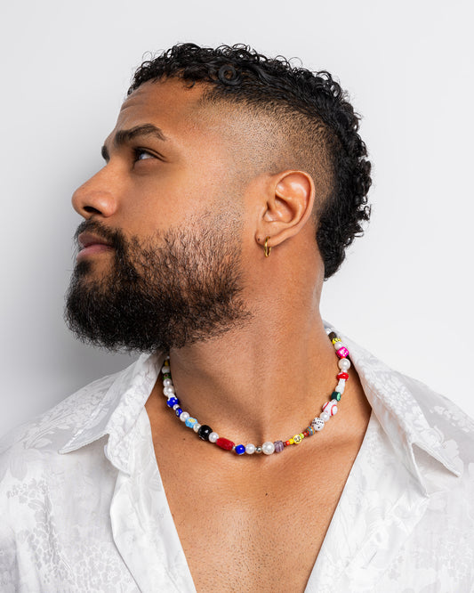 unique necklace featuring a mix of shapes and beads, beautifully blended with high-quality Japanese seed beads.