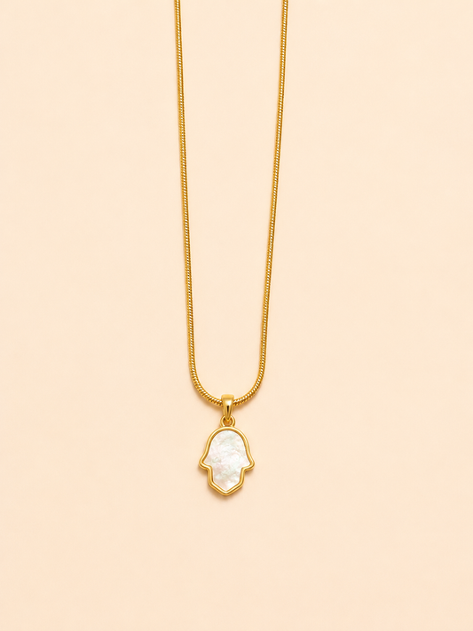 gold-plated stainless steel necklace featuring a hand-shaped pendant crafted with cultured pearls.