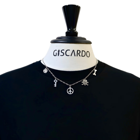 stainless steel necklace featuring five charming