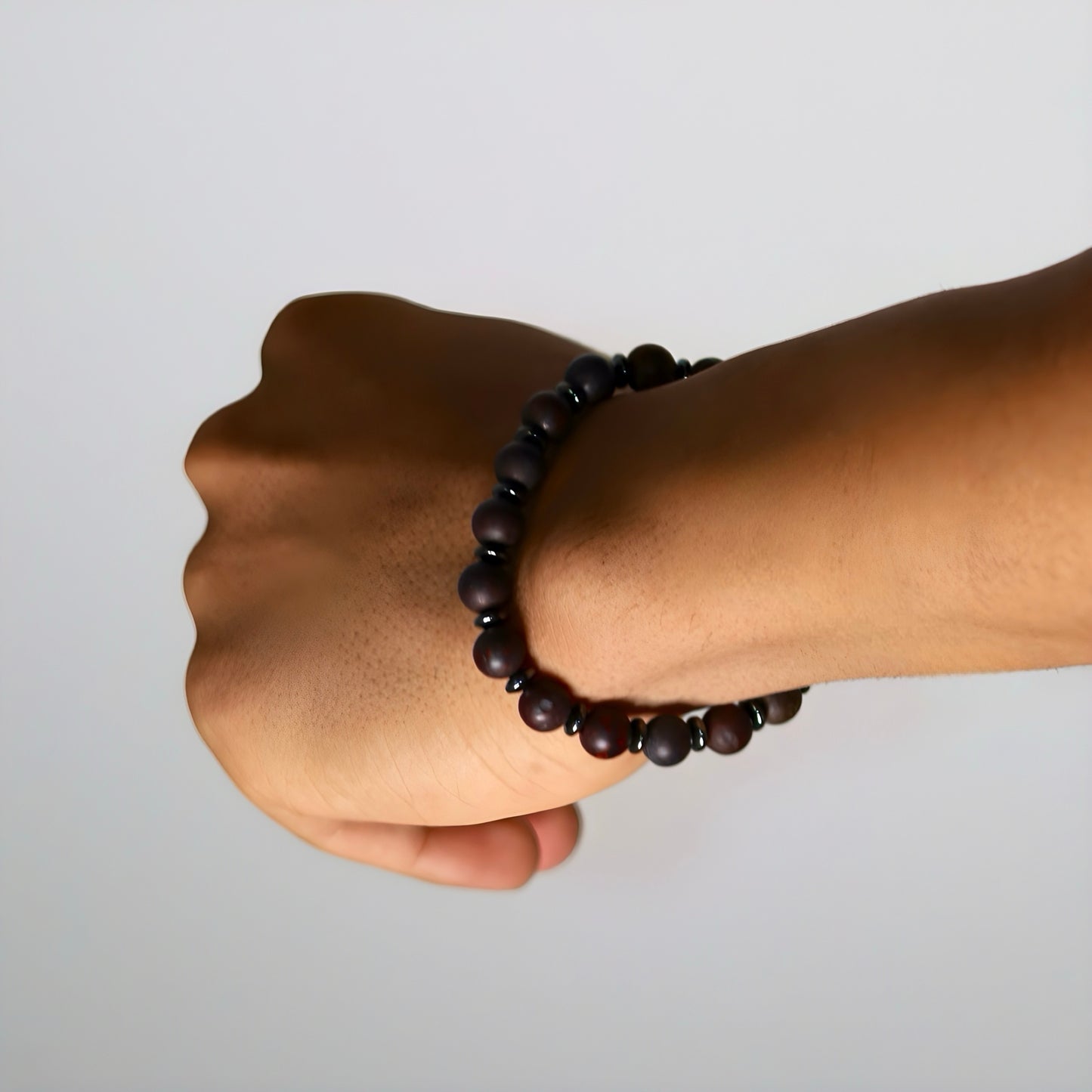 Natural Stone Bracelet with Volcanic Tones & Dark Silver Accents