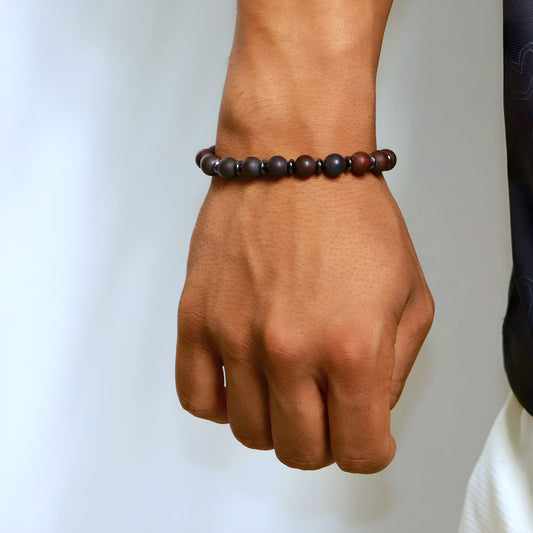 Natural Stone Bracelet with Volcanic Tones & Dark Silver Accents