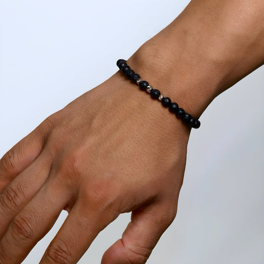 Black Lava Stone Bracelet with Silver Spacers